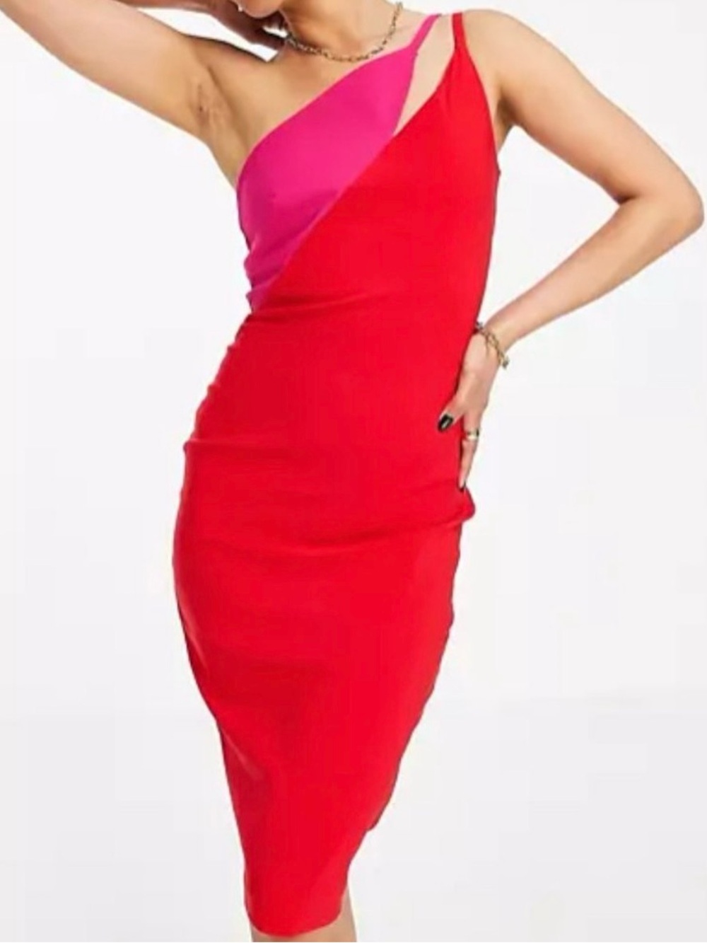 Vesper contrast midi dress in red and pink size 6 midi